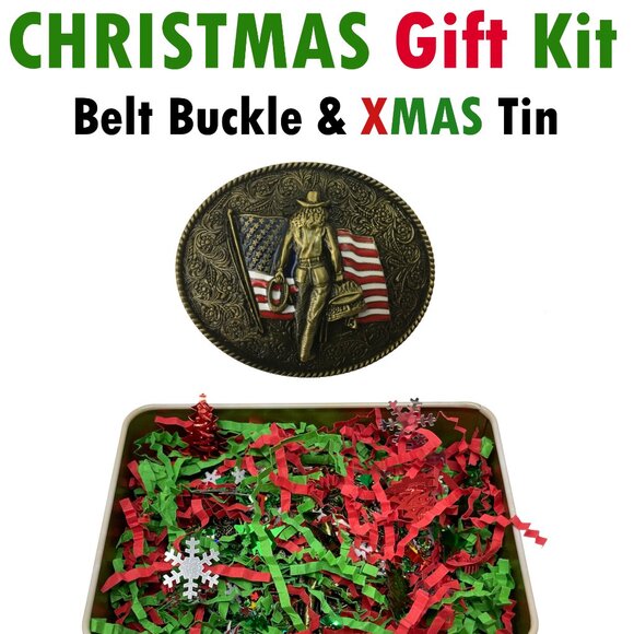 Western Belt Buckle with Christmas Tin Country Girls Buckles USA Flag America - Picture 1 of 11